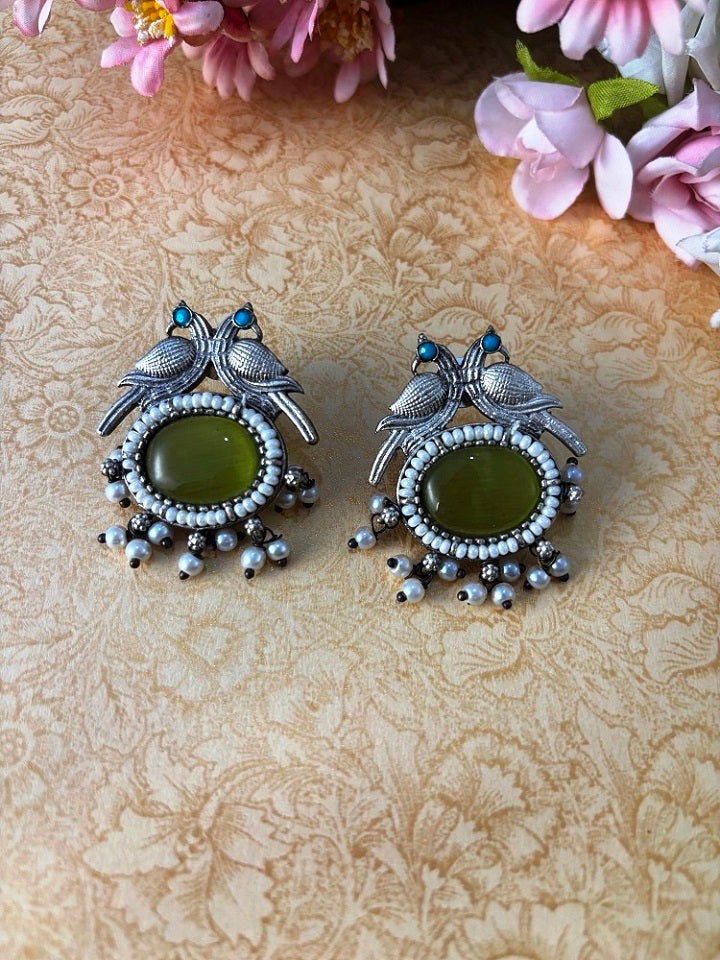 Bird Motif Oxidised Earrings with Pearl Drops