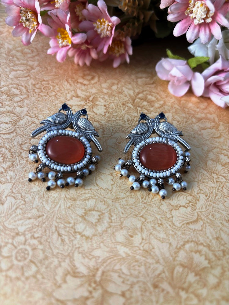 Bird Motif Oxidised Earrings with Pearl Drops