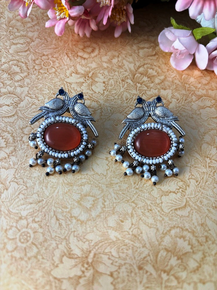 Bird Motif Oxidised Earrings with Pearl Drops