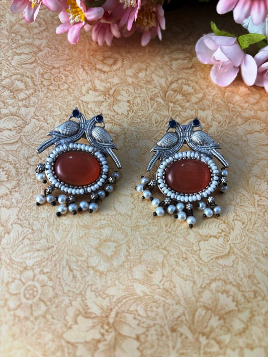 Bird Motif Oxidised Earrings with Pearl Drops