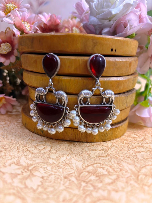 Camel Motif Oxidised Statement Earrings with Pearl Drops