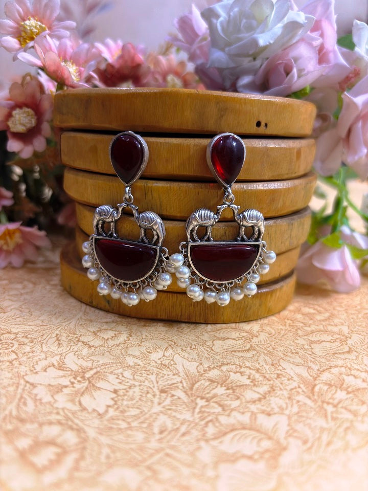 Camel Motif Oxidised Statement Earrings with Pearl Drops