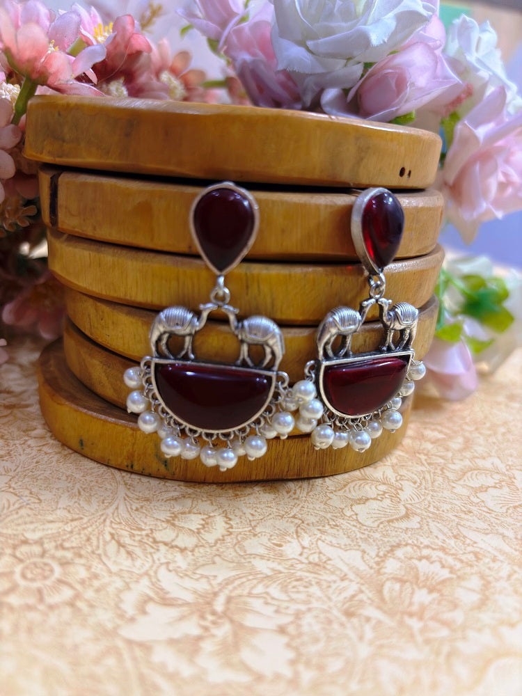 Camel Motif Oxidised Statement Earrings with Pearl Drops