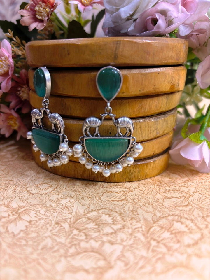 Camel Motif Oxidised Statement Earrings with Pearl Drops