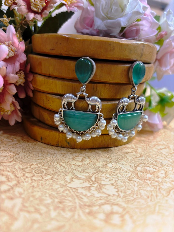 Camel Motif Oxidised Statement Earrings with Pearl Drops