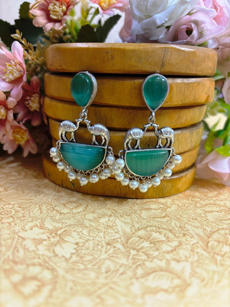 Camel Motif Oxidised Statement Earrings with Pearl Drops