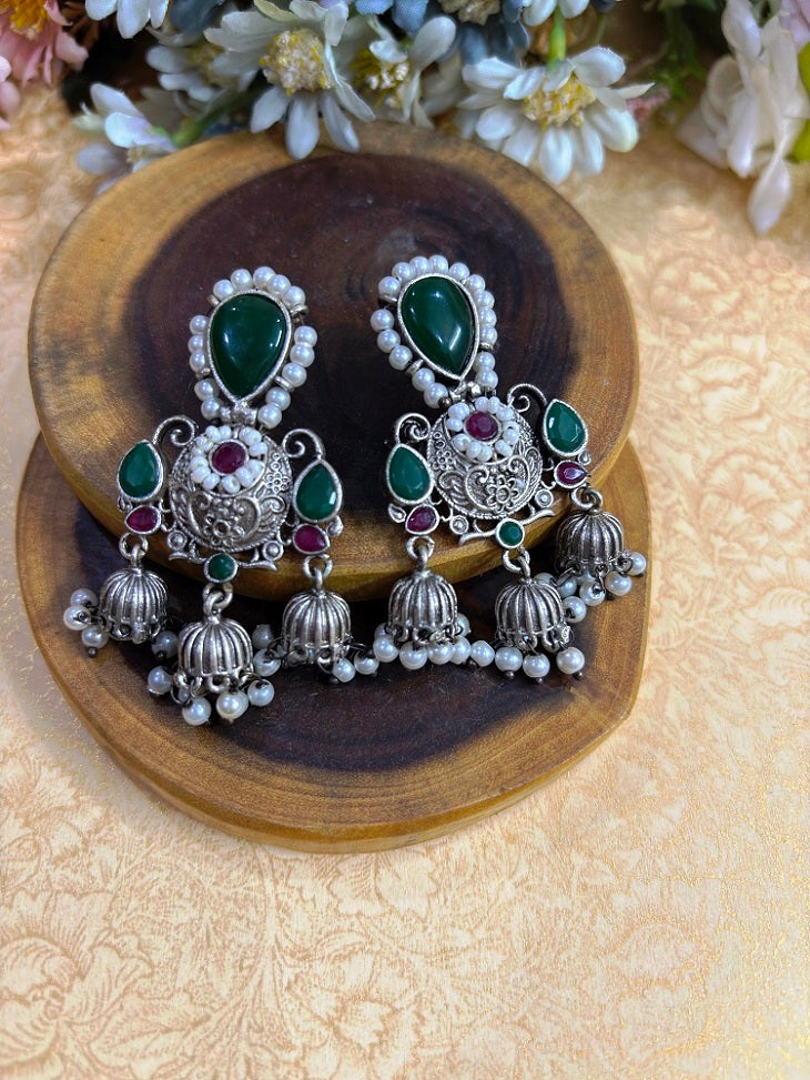 Pearl Edge Oxidised Jhumka Drops