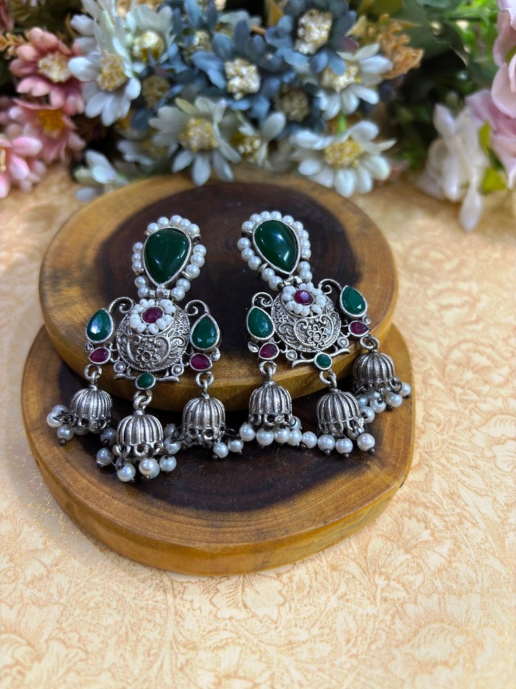 Pearl Edge Oxidised Jhumka Drops