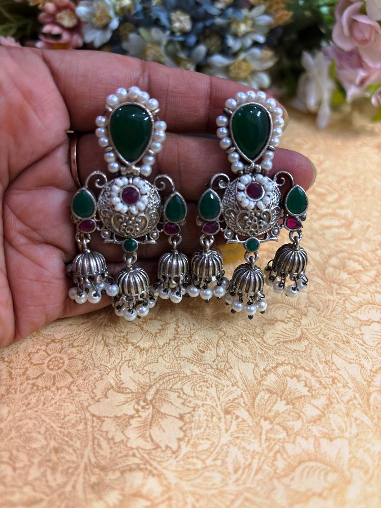 Pearl Edge Oxidised Jhumka Drops