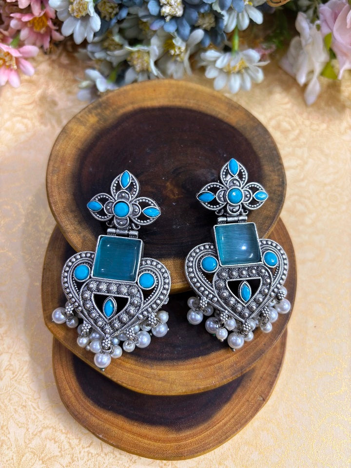 Floral Oxidised Statement Earrings with Stone and Pearl Drops
