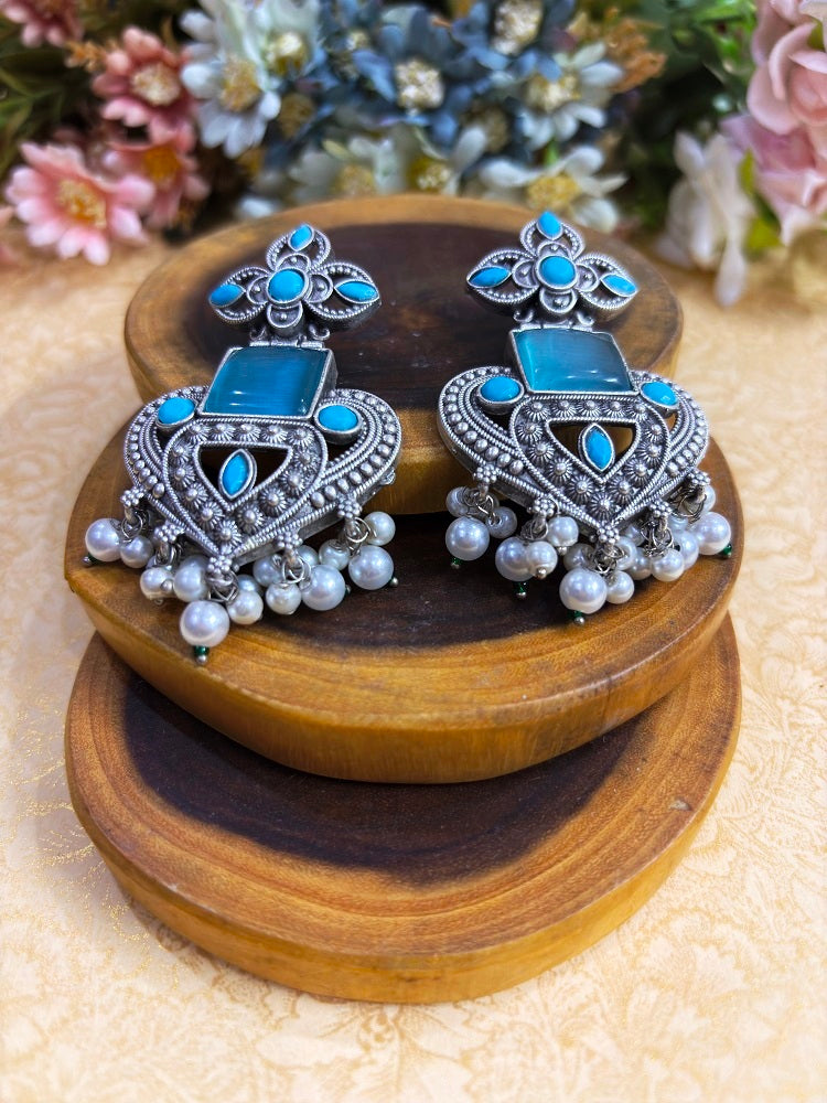 Floral Oxidised Statement Earrings with Stone and Pearl Drops