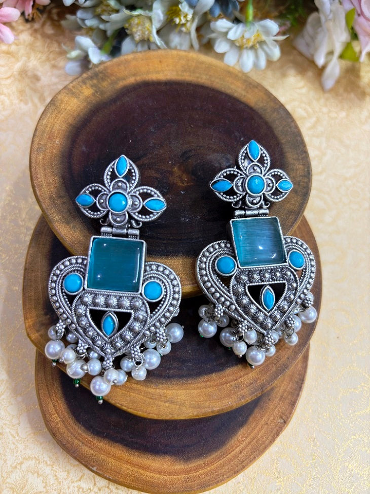 Floral Oxidised Statement Earrings with Stone and Pearl Drops