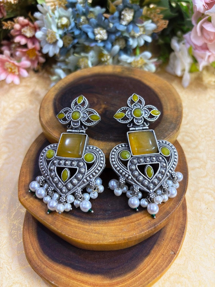 Floral Oxidised Statement Earrings with Stone and Pearl Drops