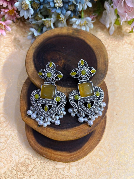 Floral Oxidised Statement Earrings with Stone and Pearl Drops
