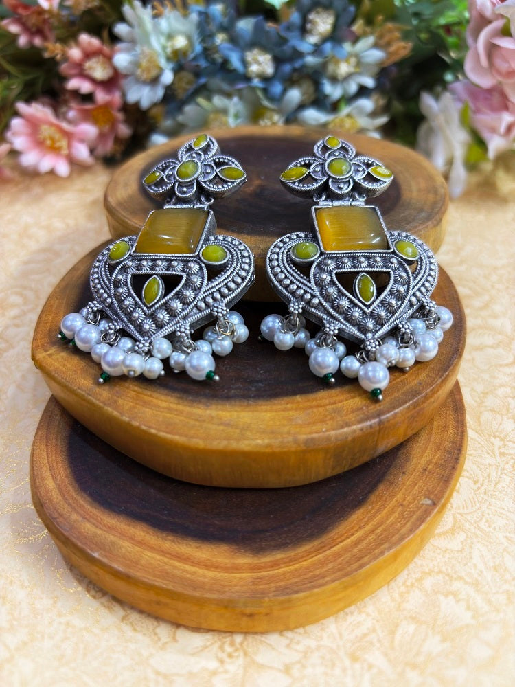 Floral Oxidised Statement Earrings with Stone and Pearl Drops
