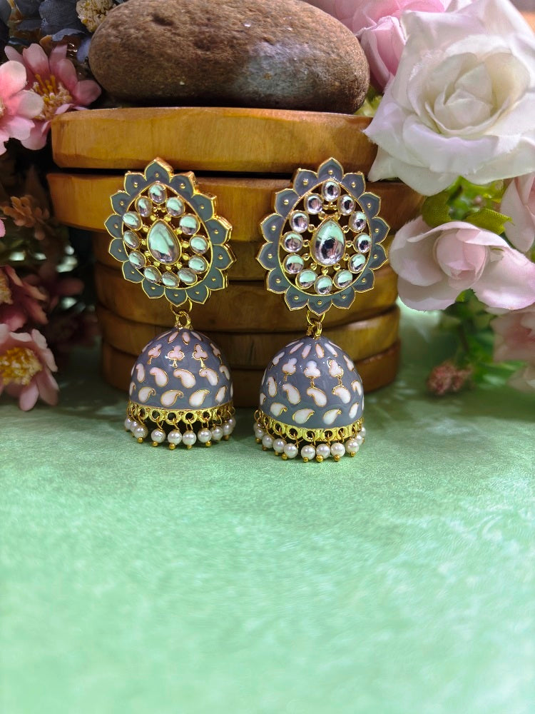 Meenakari Jhumka Earrings with Pearl Drops