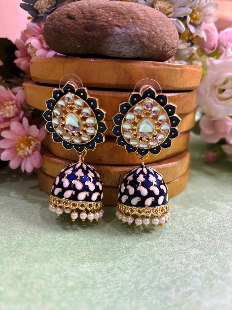 Meenakari Jhumka Earrings with Pearl Drops