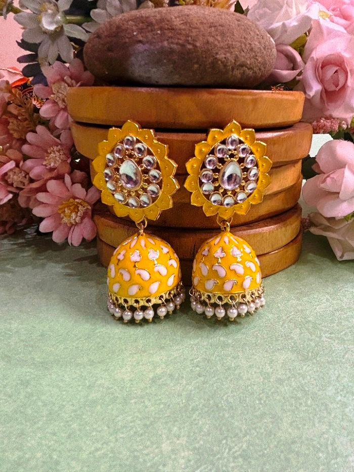 Meenakari Jhumka Earrings with Pearl Drops