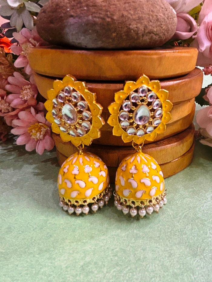 Meenakari Jhumka Earrings with Pearl Drops