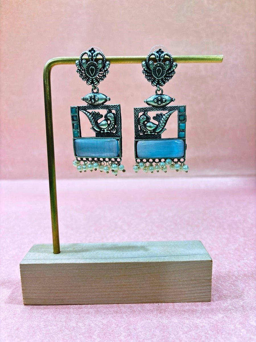 Elegant Oxidised Silver Peacock & Pearl Dangler Earrings