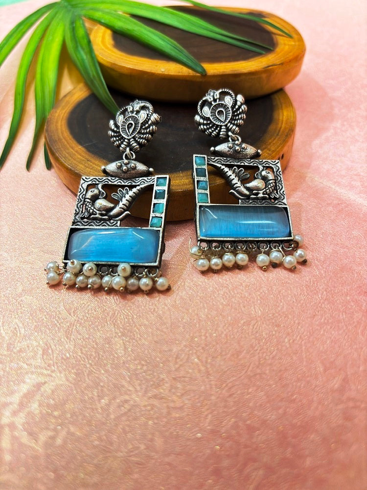 Elegant Oxidised Silver Peacock & Pearl Dangler Earrings