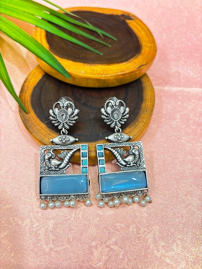 Elegant Oxidised Silver Peacock & Pearl Dangler Earrings