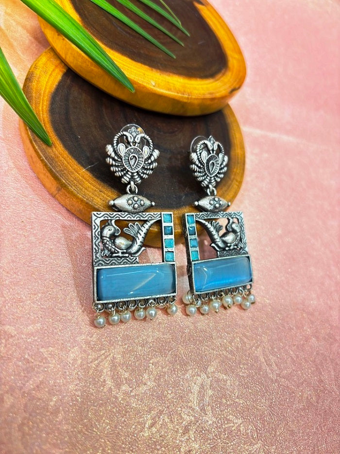Elegant Oxidised Silver Peacock & Pearl Dangler Earrings