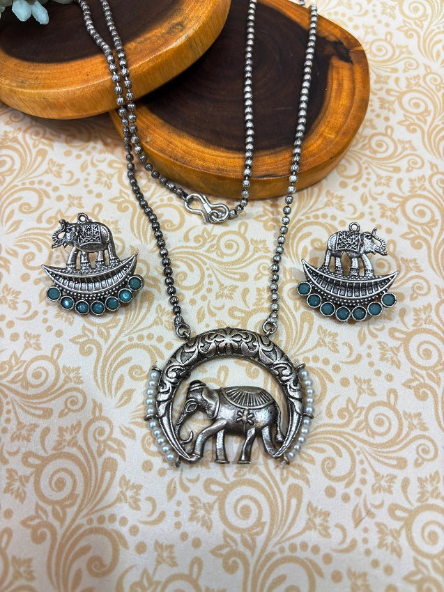 Regal Elephant Oxidised Silver Pendant and Earring Set