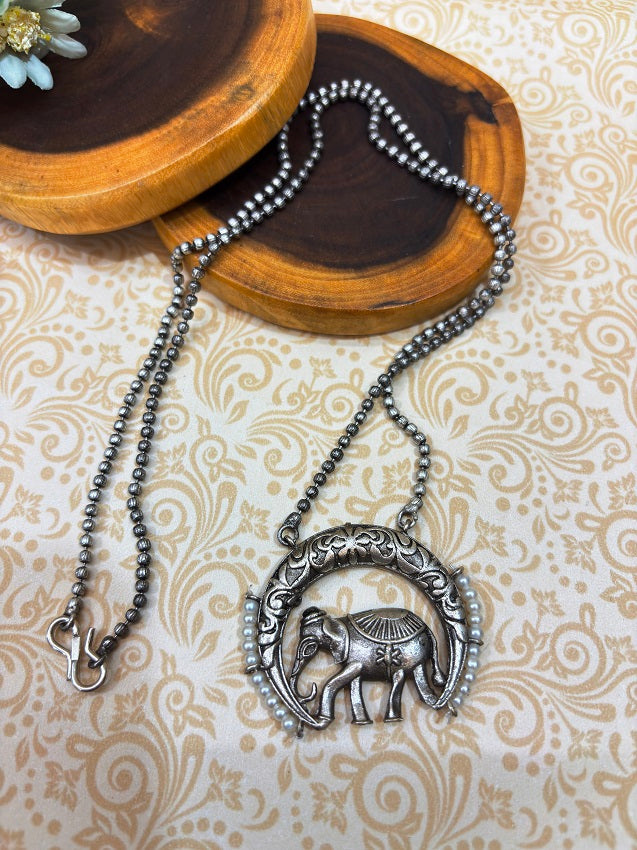 Regal Elephant Oxidised Silver Pendant and Earring Set