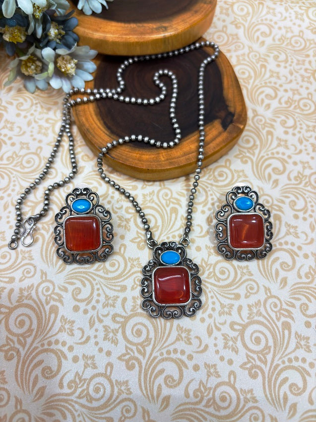 Heritage Rust Stone Oxidised Pendant and Earring Set