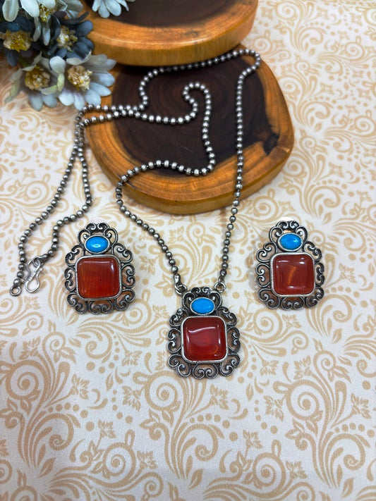 Heritage Rust Stone Oxidised Pendant and Earring Set