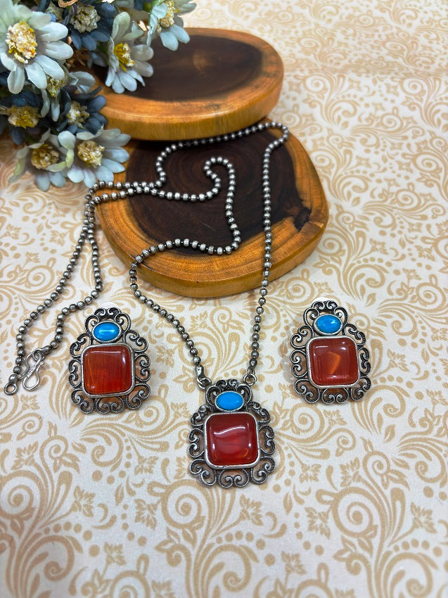Heritage Rust Stone Oxidised Pendant and Earring Set