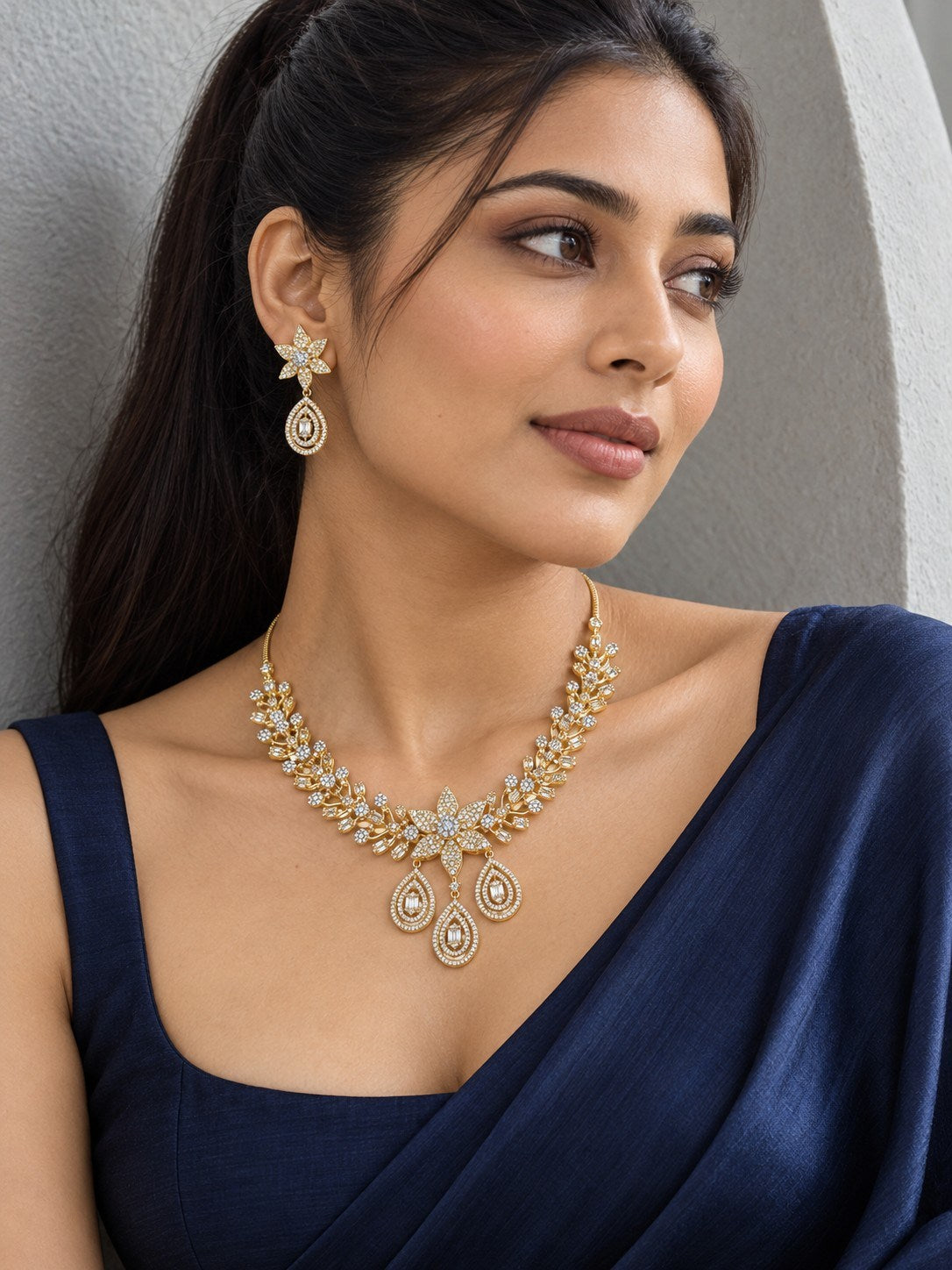 Golden Bloom CZ Necklace Set