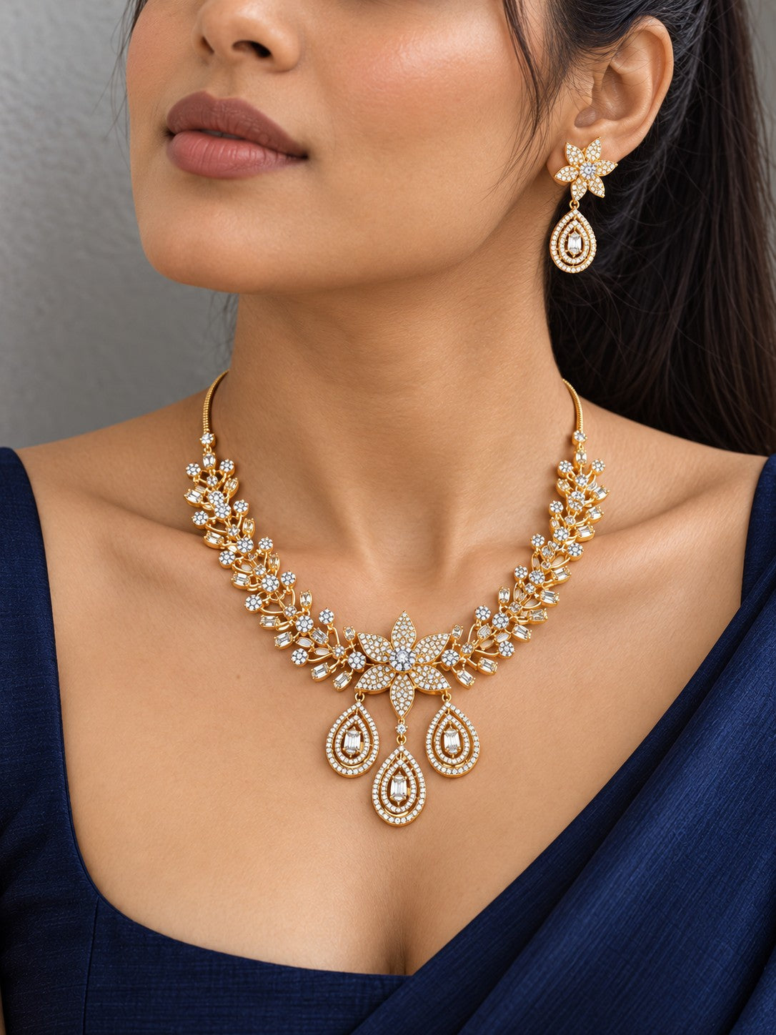 Golden Bloom CZ Necklace Set