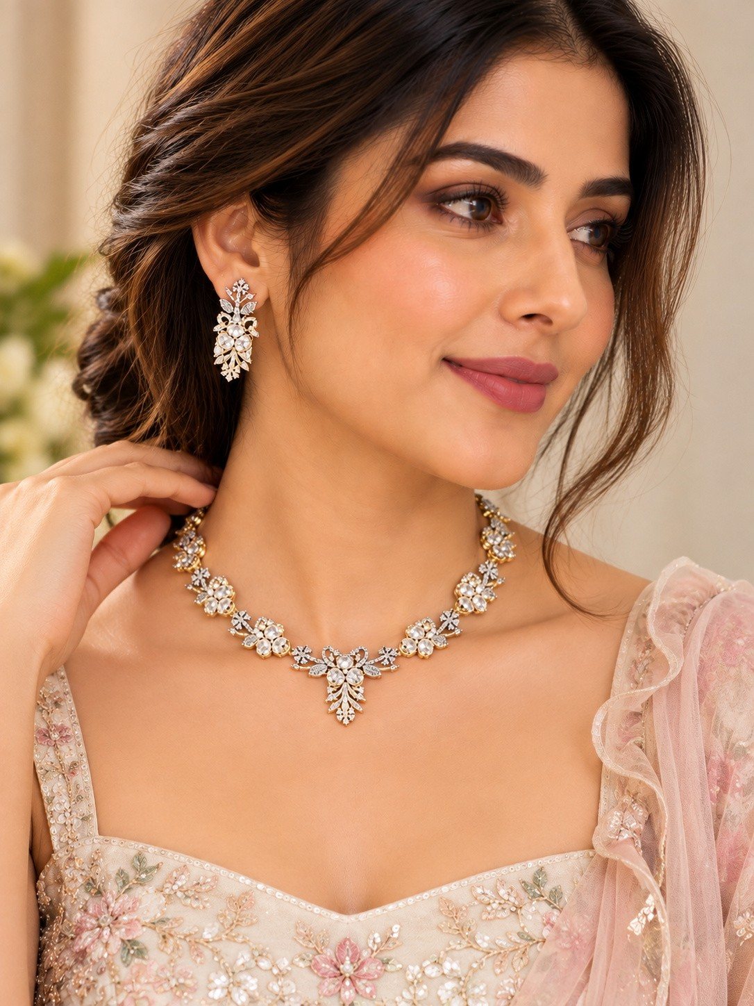 Floral Leaf American Diamond Necklace Set