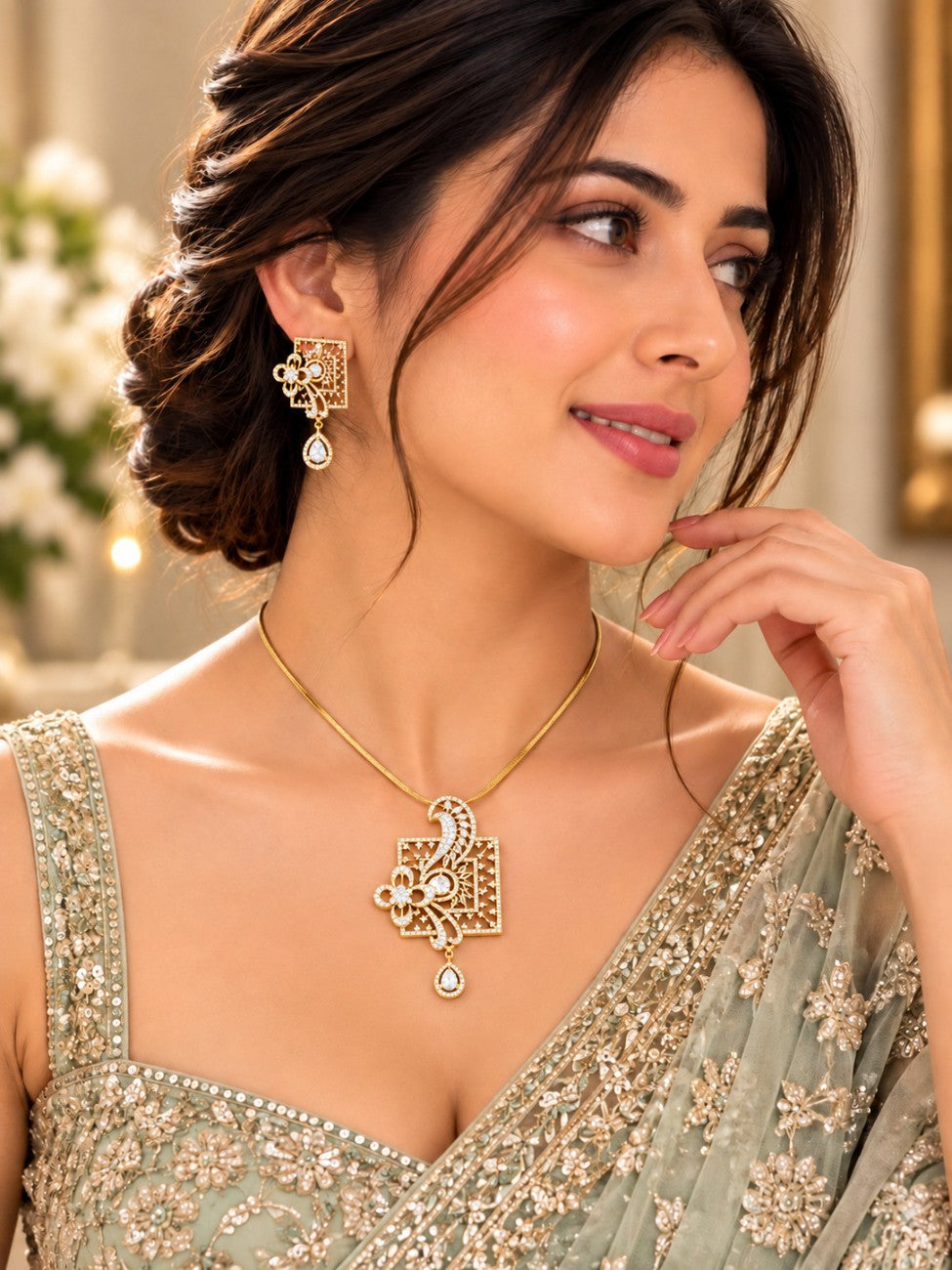 Floral Garden American Diamond Pendant Set