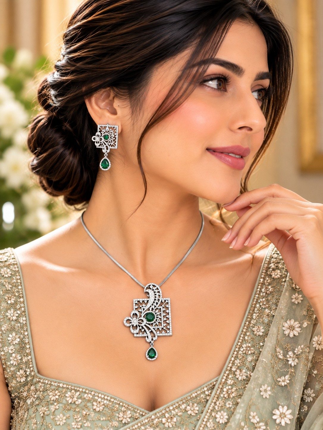Floral Garden American Diamond Pendant Set