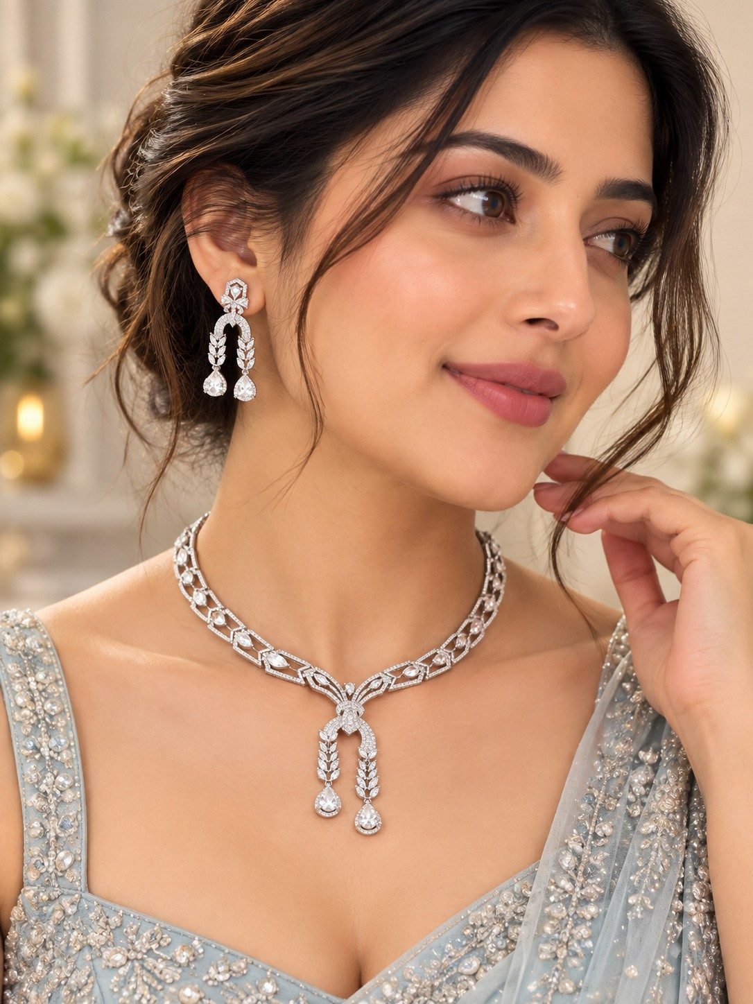 Twin Charm American Diamond Necklace Set