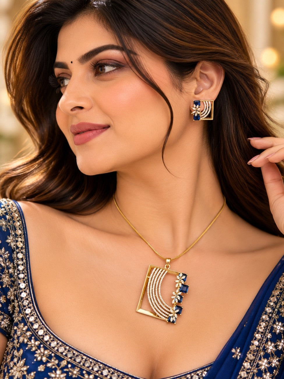 Floral Arc American Diamond Pendant Set