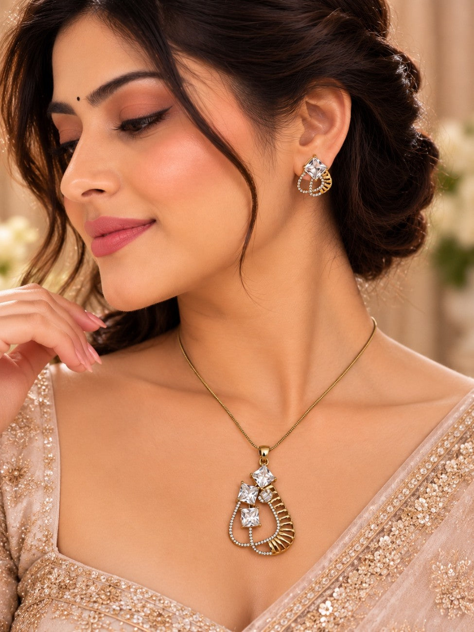 Radiant Trio American Diamond Pendant Set