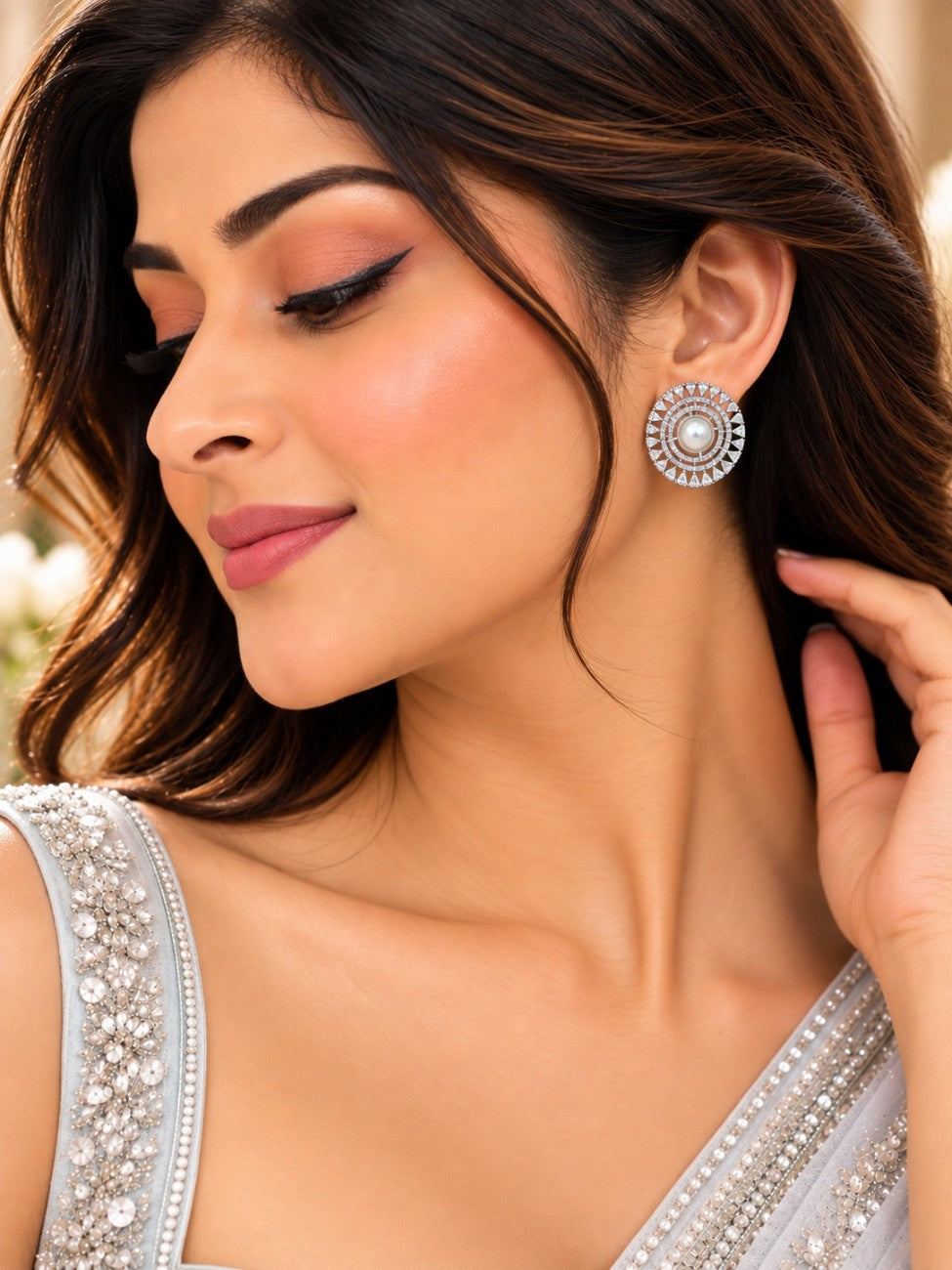 Pearl Glow American Diamond Stud Earrings